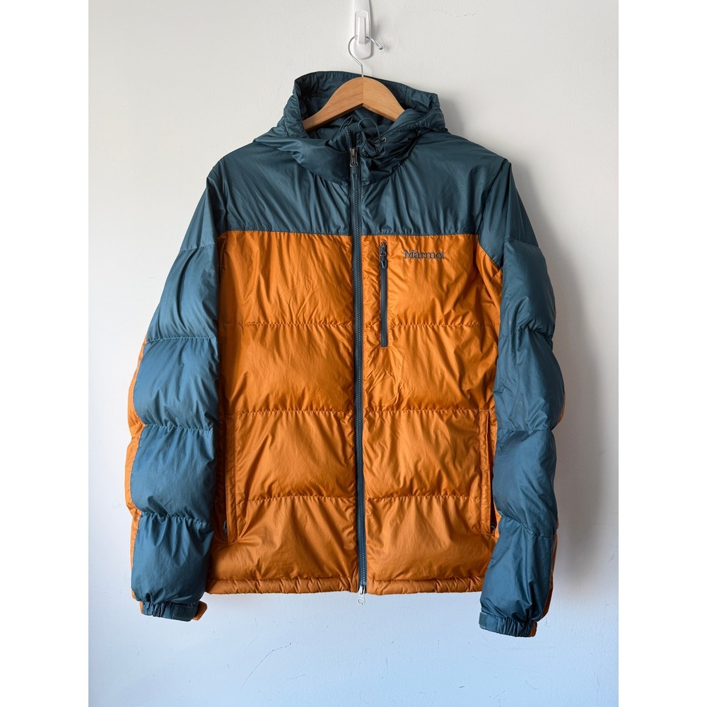 Marmot Guides Down Hoody 700 Fill Puffer Jacket Orange Blue P73060 Mens Medium